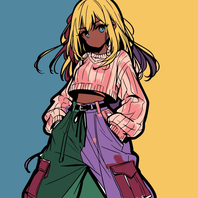 anime teen girl with baggy pants and crop top with sweater