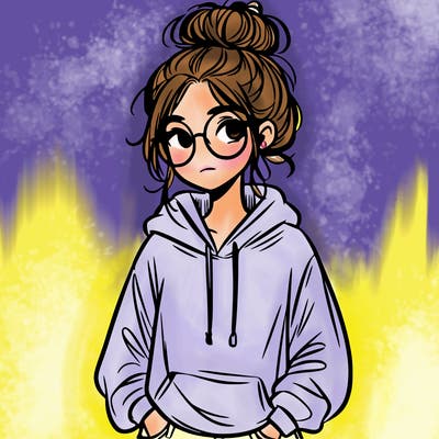 teen girl with a messy bun and glasses wearing a loose hoodie and jeans
