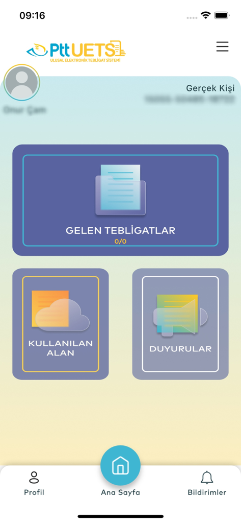 UETS PTT - UETS PTT mobile app dashboard showing icons for incoming notifications, used space, and announcements.