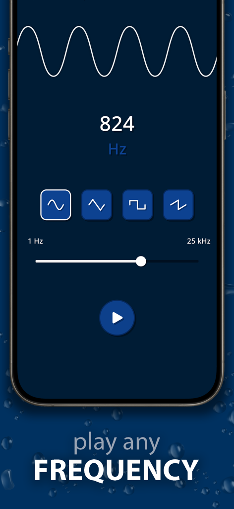 Interface of Clean Wave app showing a manual frequency generator set to 824 Hz with adjustable wave types and slider