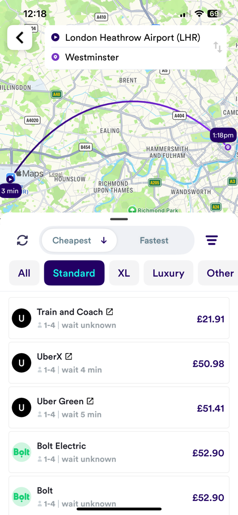 Obi - Get the cheapest ride. - Obi app screen showing ride and train price comparison from London Heathrow to Westminster