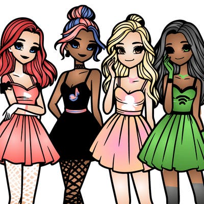 four beautiful teen girls in dresses