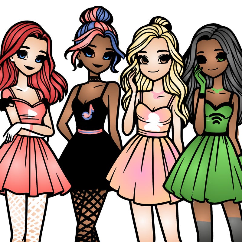 four beautiful teen girls in dresses