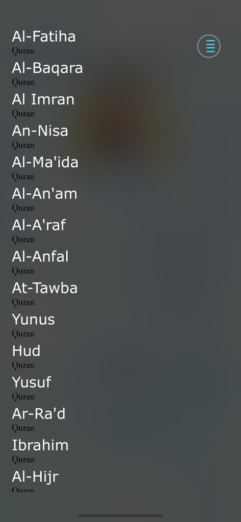 Lista de menús de suras coránicas en la aplicación móvil Corán Muhammad-tablawy-Sudais