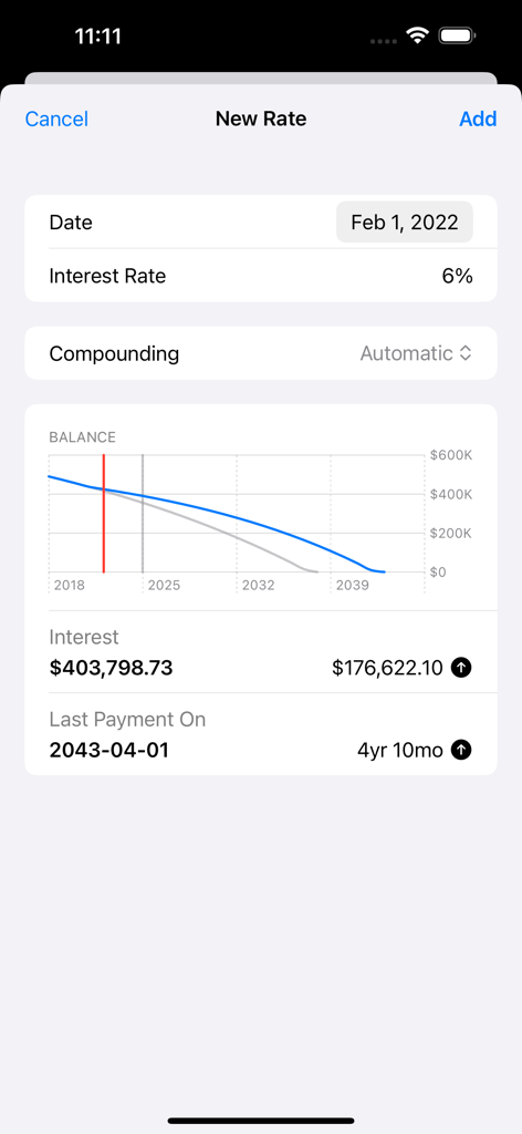Amortization - Loan Calculator - Interface for adding a new interest rate with a mortgage balance chart.