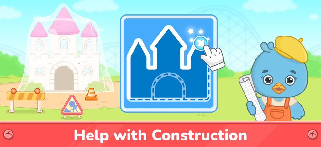 Building Games for Kids 2-6 - Un personaje pájaro sosteniendo un plano junto a un rompecabezas de construcción de castillos en un juego educativo para niños.