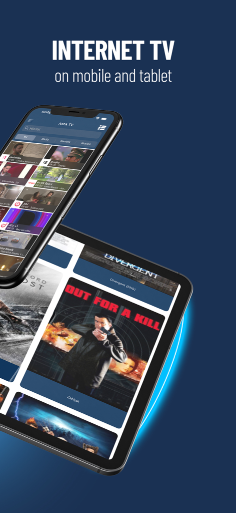 Antik TV - Antik TV interface on iPhone and iPad displaying live Slovak and Czech channels and movie options.