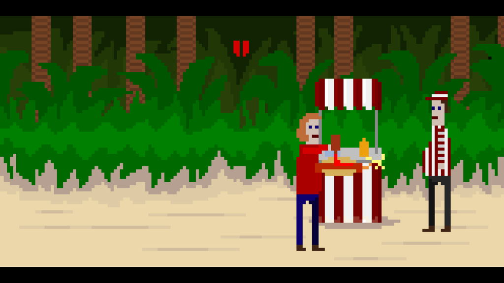 Arte de píxeles de la vieja escuela de McPixel en un puesto de comida en la jungla