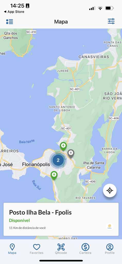 Eletroposto Celesc - Map view of the Eletroposto Celesc app showing available electric vehicle charging stations