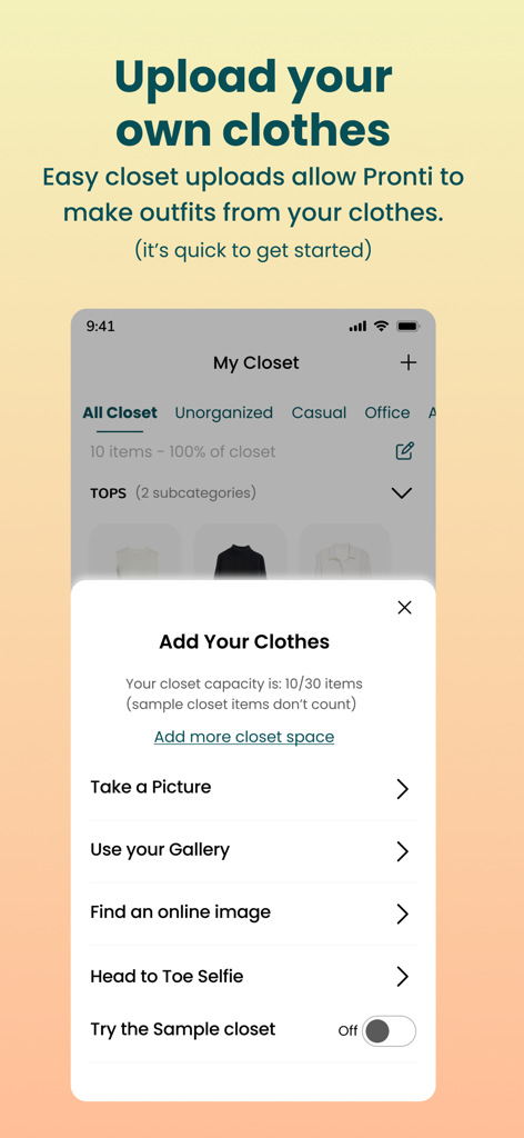 Outfit Maker - Pronti AI - Pronti AI app screen showing multiple ways to upload clothes to your digital closet including taking a picture and finding online images