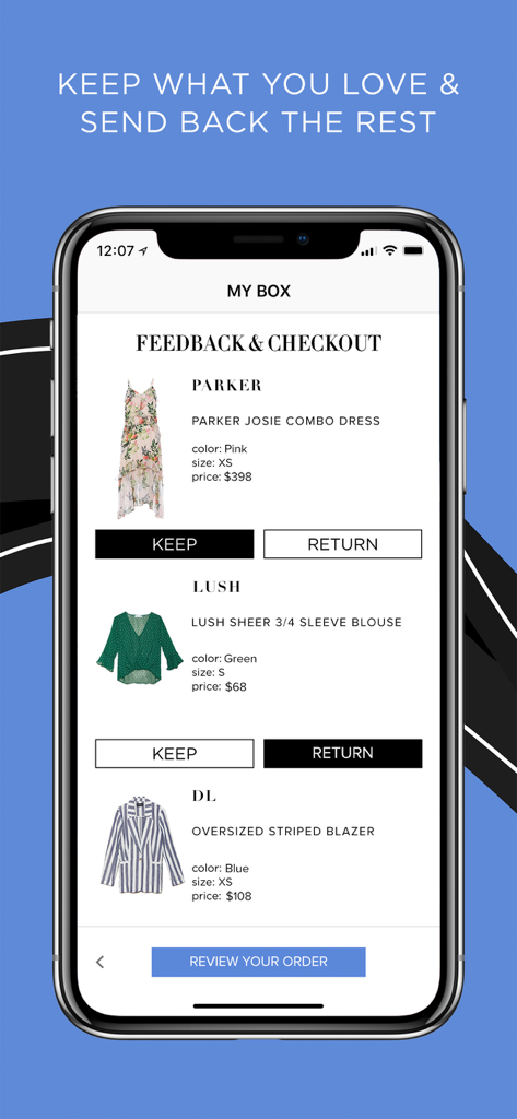 Dailylook app checkout screen showing curated clothing items with keep or return options
