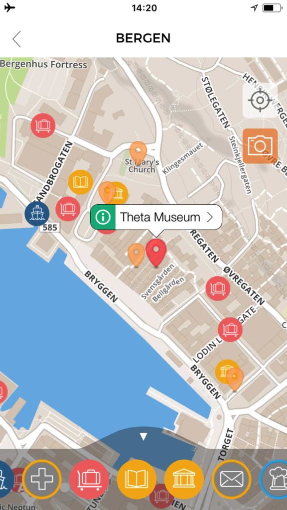 An interactive offline map of Bergen Norway from the Bergen Travel Guide app showing tourist attractions and the Theta Museum