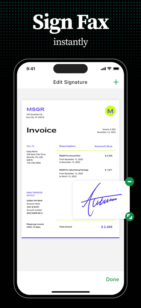 Tiny Fax: Send Fax From iPhone - Adding a digital signature to an invoice document on a mobile phone