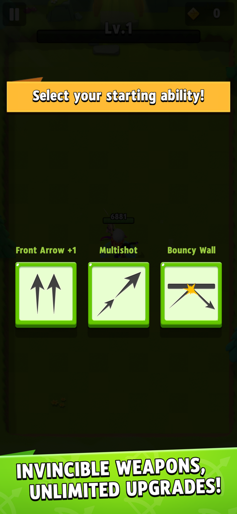 Archero mobile game screen showing the selection of starting abilities with three skill options