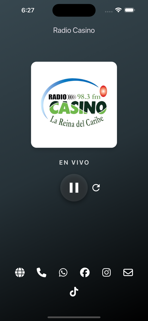 Live stream player interface of the Radio Casino mobile app showing the station logo and playback controls