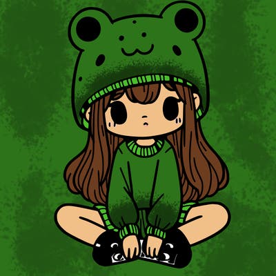a girl wearing a frog hat and some frog socks