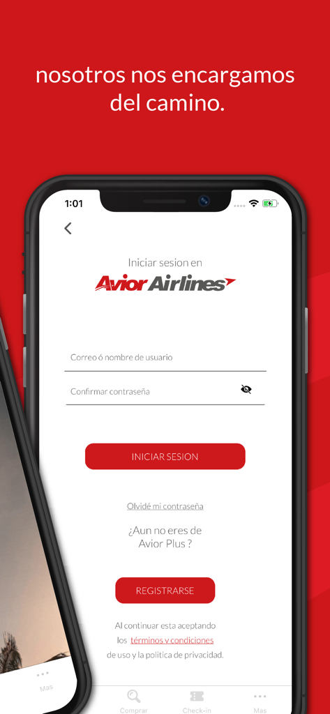 Tela de login do aplicativo móvel Avior Airlines com campos de e-mail e senha para viajantes venezuelanos.