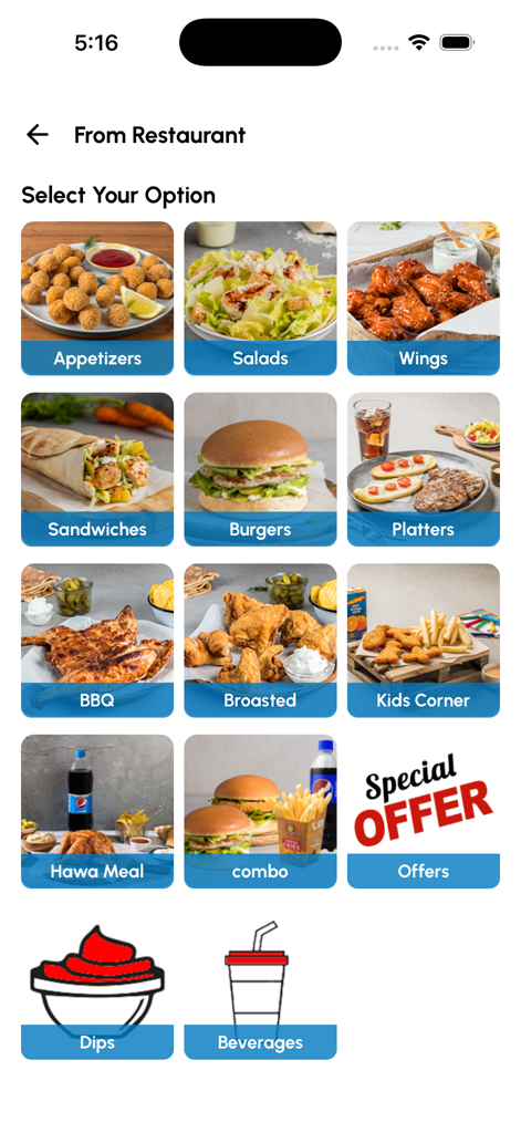 Hawa Chicken - Pantalla del menú de la aplicación Hawa Chicken mostrando varias categorías de alimentos con fotos, incluyendo sándwiches, hamburguesas y platillos