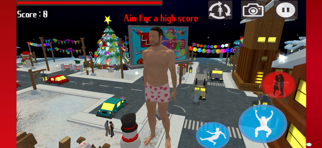 Christmas Simulator - A character in heart patterned boxers standing in a festive snowy town in Christmas Simulator.