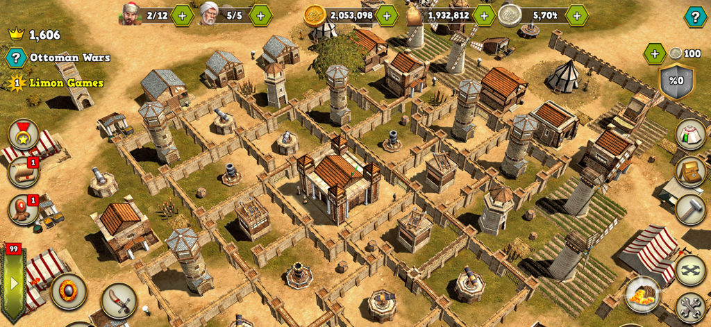 Birds eye view of a fortified city base with watchtowers and cannons in Ottoman Wars