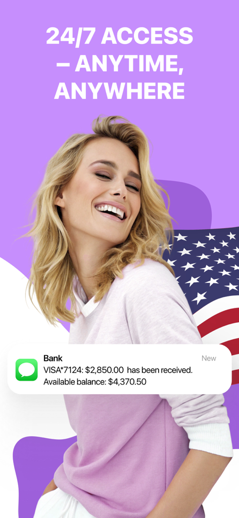 Quick Cash – GM Connector - Une femme souriante avec une notification bancaire montrant un dépôt de 2850 dollars avec le texte accès 24h/24 et 7j/7 à tout moment et n'importe où