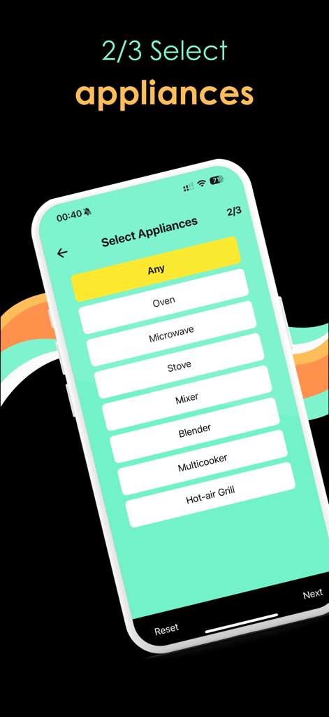smartchef - Interface of the smartchef app showing a list of kitchen appliances like oven, microwave, and stove for recipe filtering.