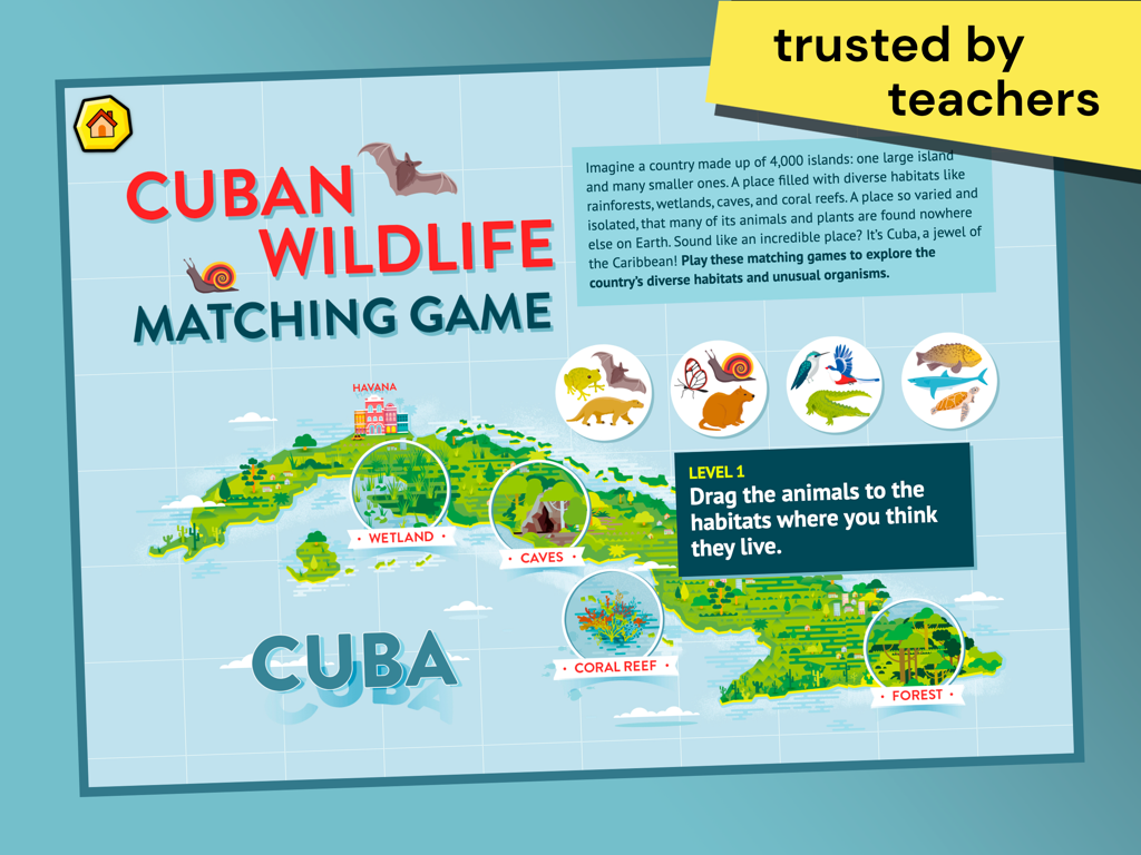 An educational matching game about Cuban wildlife where children drag animal icons to their correct habitats on a map of Cuba