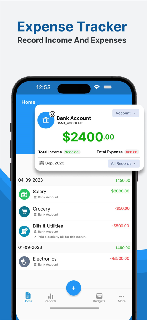 Money: Budget Expense Tracker - Interfaz de usuario de la aplicación Money Budget Expense Tracker mostrando el saldo de una cuenta bancaria y una lista de transacciones de ingresos y gastos.