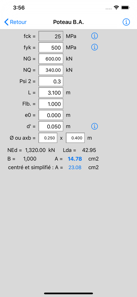 iPocket BA - Interface do aplicativo iPocket BA mostrando cálculos de engenharia estrutural para uma coluna de concreto armado com base no Eurocode 2.