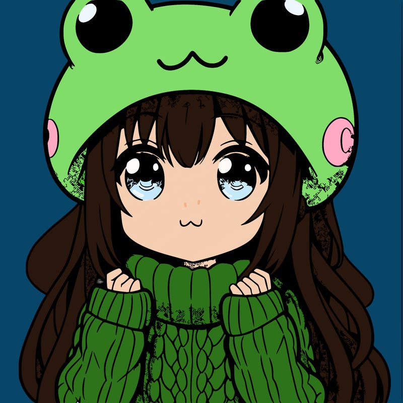 anime girl with a big sweater with a frog hat
