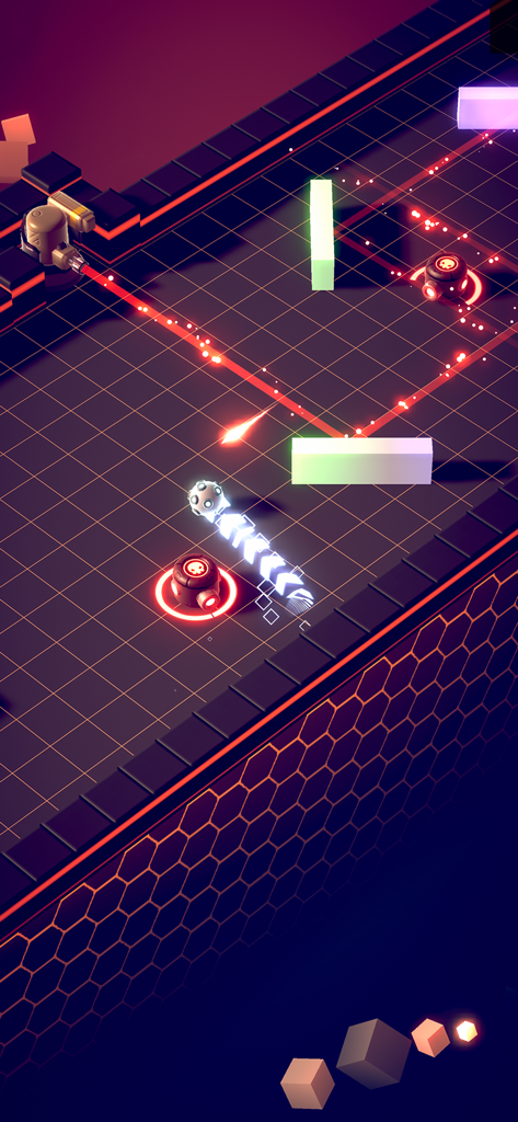 Un núcleo blanco se mueve a través de un nivel oscuro de neón con trampas láser rojas y un suelo de rejilla en Flaming Core.