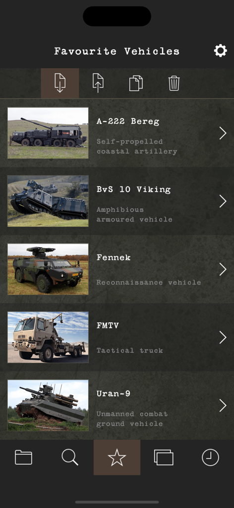 A list of saved favorite entries in the Modern Military Vehicles app including artillery and tactical trucks