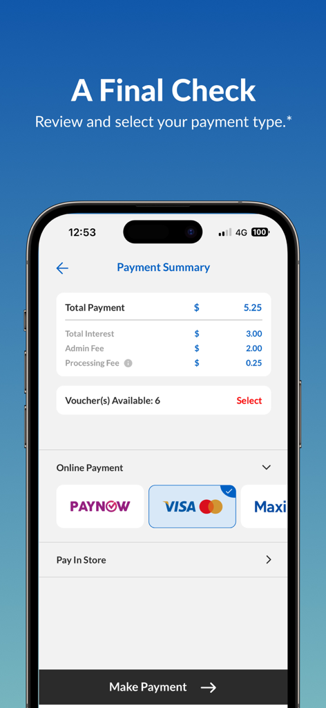Maxi-Cash - A screenshot of the Maxi-Cash app payment summary screen showing the total payment breakdown including interest and fees, available vouchers, and online payment options like Visa and PayNow.