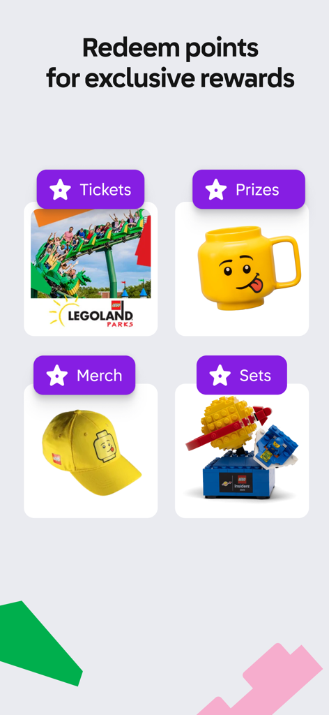 Un écran d'application mobile affichant des récompenses exclusives pour les LEGO Insiders, y compris des billets LEGOLAND, des prix, des produits dérivés et des sets spéciaux