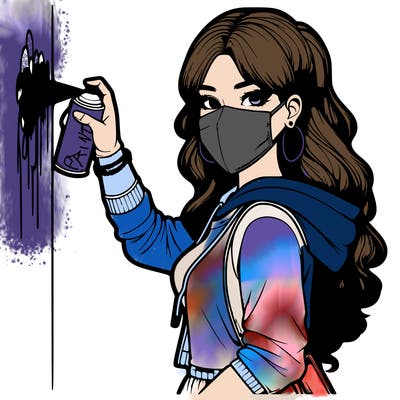 realistic girl with mask spray painting a wall