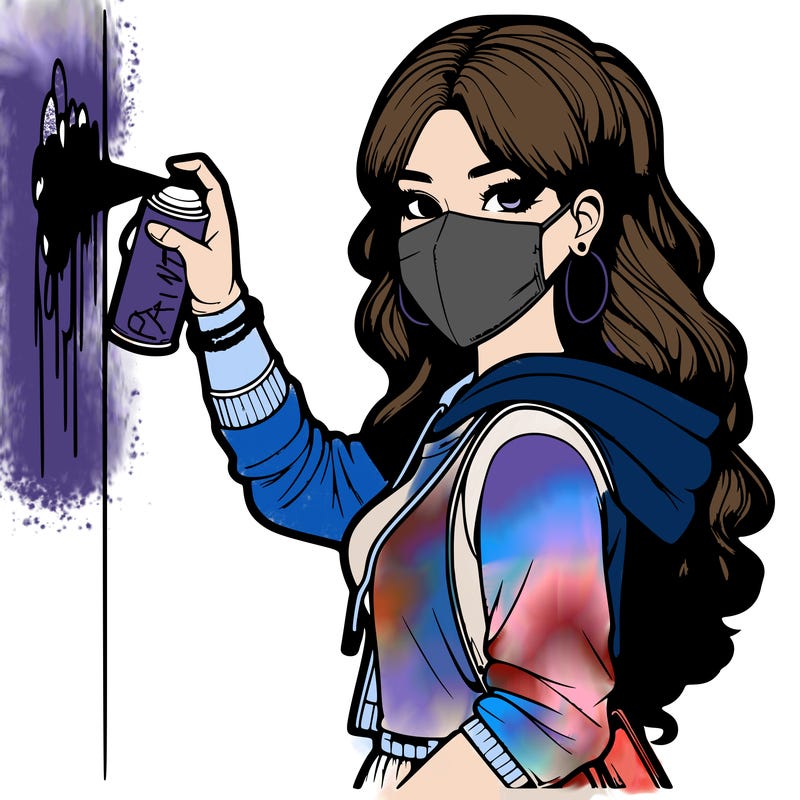 realistic girl with mask spray painting a wall