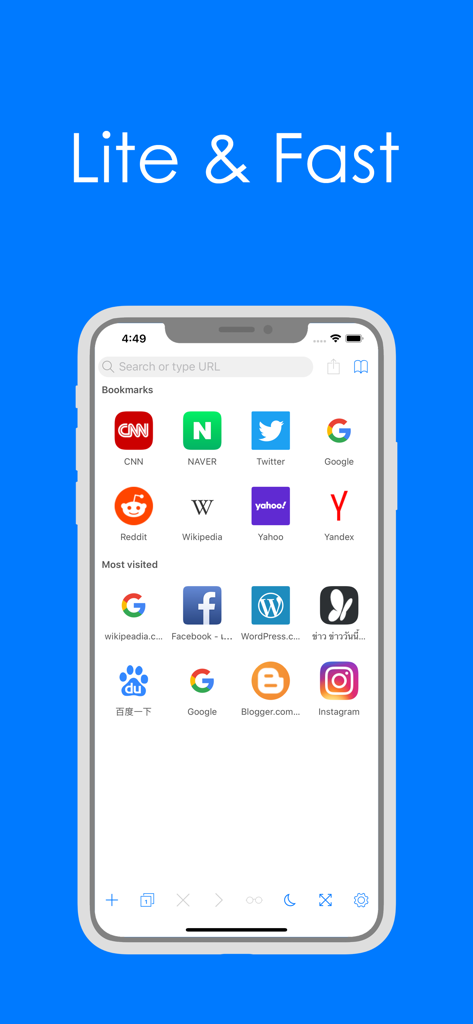 Pure Web Browser - Pure Web Browser home screen on iPhone displaying bookmarks and most visited sites with a Lite and Fast headline.
