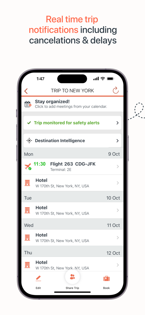 myCWT - Pantalla del itinerario de la aplicación myCWT que muestra los detalles del viaje de negocios a Nueva York con notificaciones de vuelos y hoteles en tiempo real