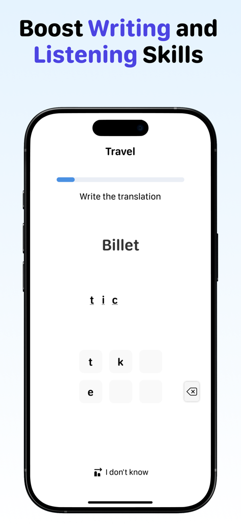 Learn English: Vocabulary - Ejercicio interactivo de escritura y traducción en la aplicación Learn English Vocabulary.