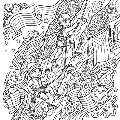 Conquer new heights with our inspiring adaptive climbers coloring page, celebrating strength and inclusion during Pride Month. This vibrant design features adventurous figures navigating a rocky ascent amidst a joyous display of Pride symbols.