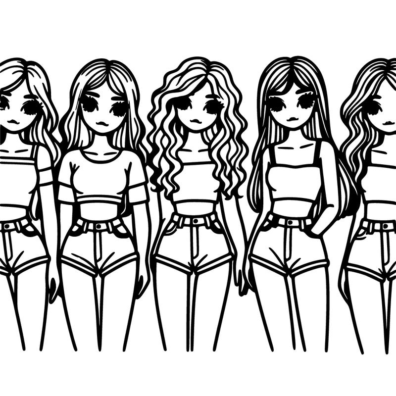 girls in a line with crop tops 5 no full face  wavy straight and curley hair with short shorts white background