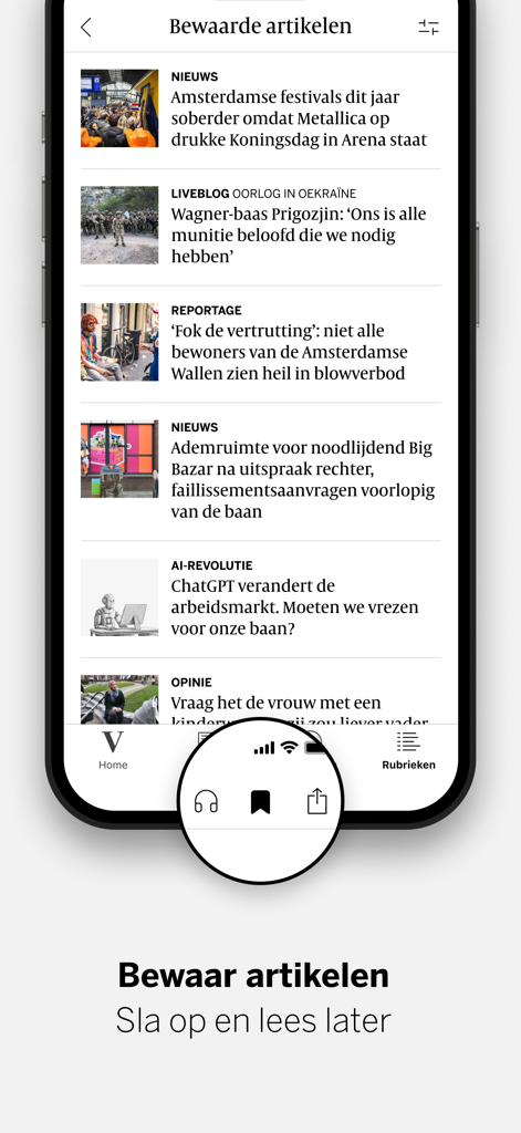 Écran de smartphone montrant la section des articles enregistrés de l'application d'actualités de Volkskrant avec des options pour enregistrer et lire plus tard.