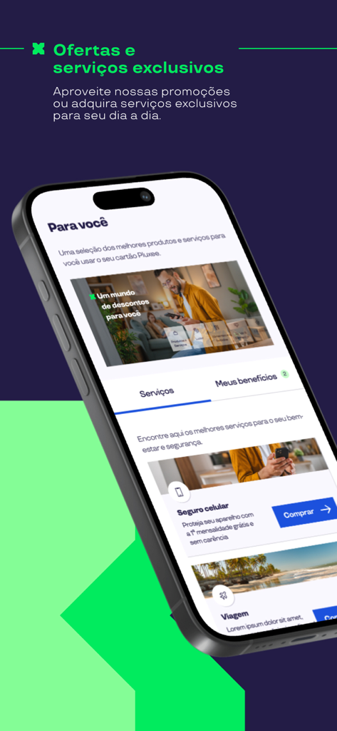 Capture d'écran de l'application mobile Pluxee Brasil présentant des offres exclusives et des services d'assurance