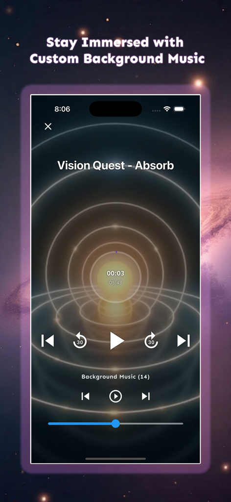Inner.codes: Program Your Mind - El reproductor de audio de la aplicación Inner codes que muestra una sesión de búsqueda de visión con personalización de música de fondo