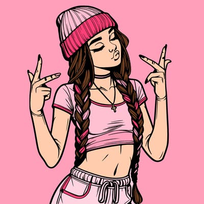 realistic teenage girl with braids and a beanie and crop top doing 🫶🏼