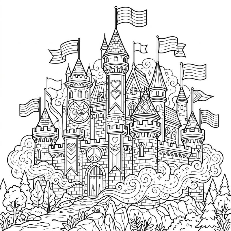 Unleash your creativity with this enchanting coloring page featuring a misty castle adorned with powerful Pride symbols. Designed for teens, it's a perfect way to celebrate diversity and artistic expression.