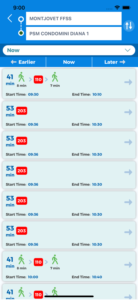 #vdatransports - Schermata di uno smartphone che visualizza le opzioni di percorso dei trasporti pubblici e gli orari di viaggio per la regione della Valle d'Aosta.