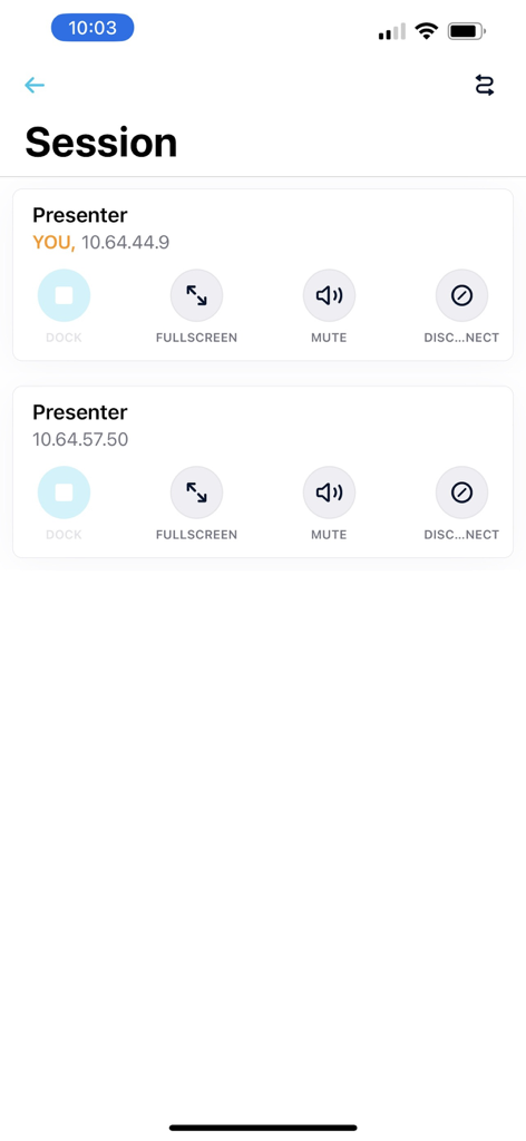 Crestron AirMedia app session management screen showing multiple connected presenters and controls.