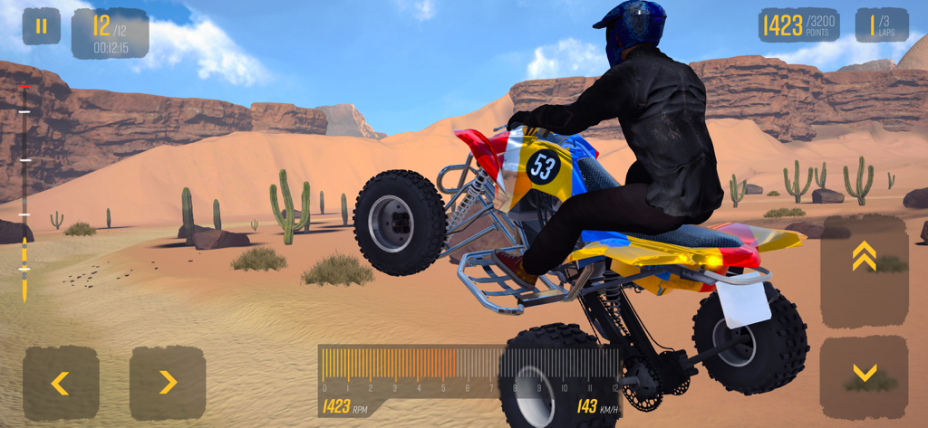 ATV Quad Racing Sim - A rider performing a wheelie on a colorful ATV in a desert landscape
