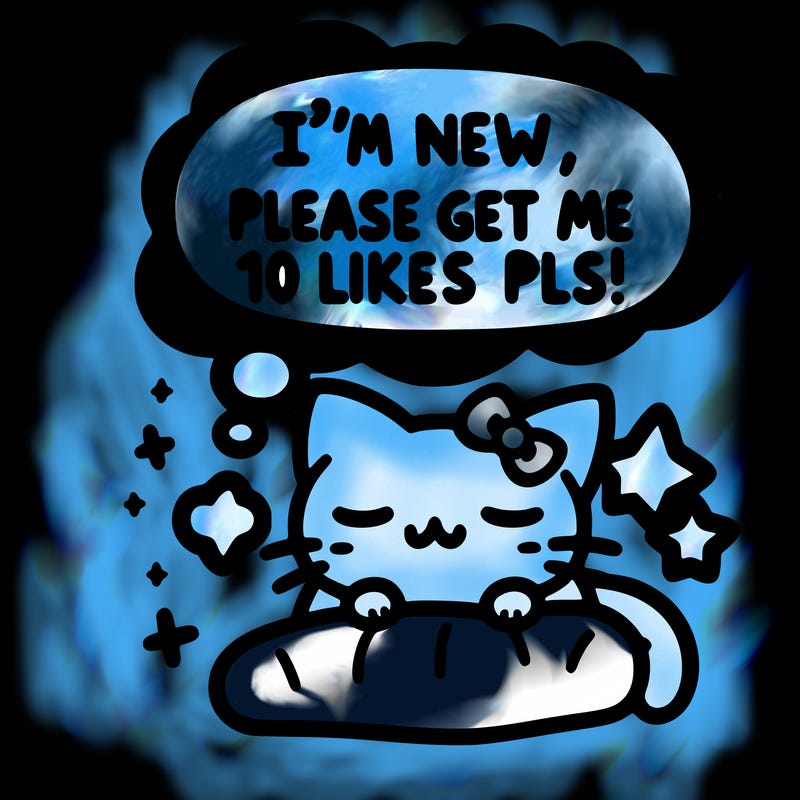 kitty taking a nap dream talking and saying "i'm new, please get me at least 10 likes pls!!"